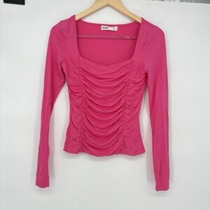 Elodie Women's Hot Pink Gathered Front Design, Long Sleeve Blouse - Size M
